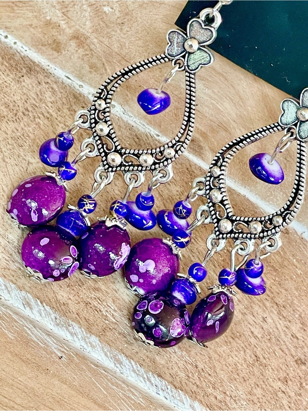 Handcrafted Silver-Tone Purple Bead Chandelier Earrings - Women Jewelry